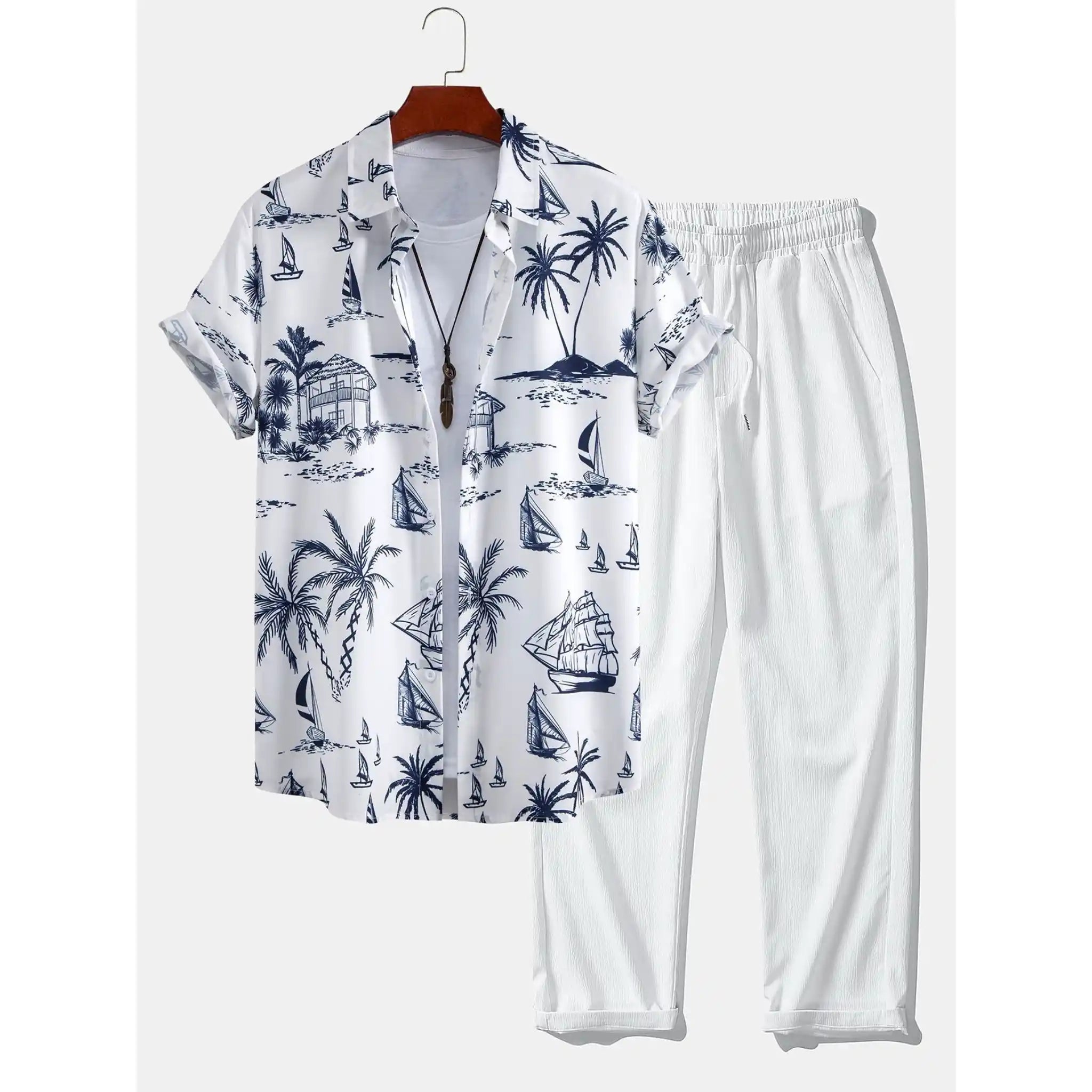 Button Up Shirt and Straight Leg Pants 2-Piece Set Island Print – Maxo