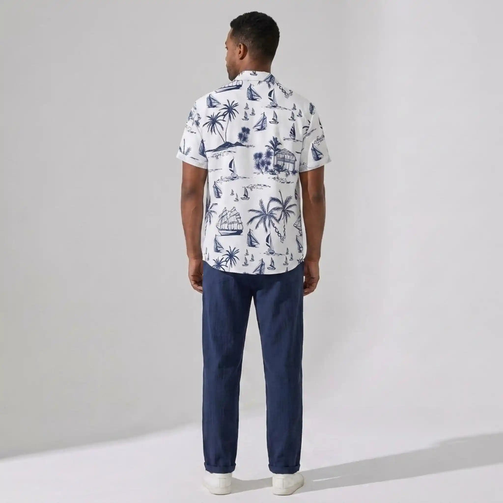 Button Up Shirt and Straight Leg Pants 2-Piece Set Island Print – Maxo