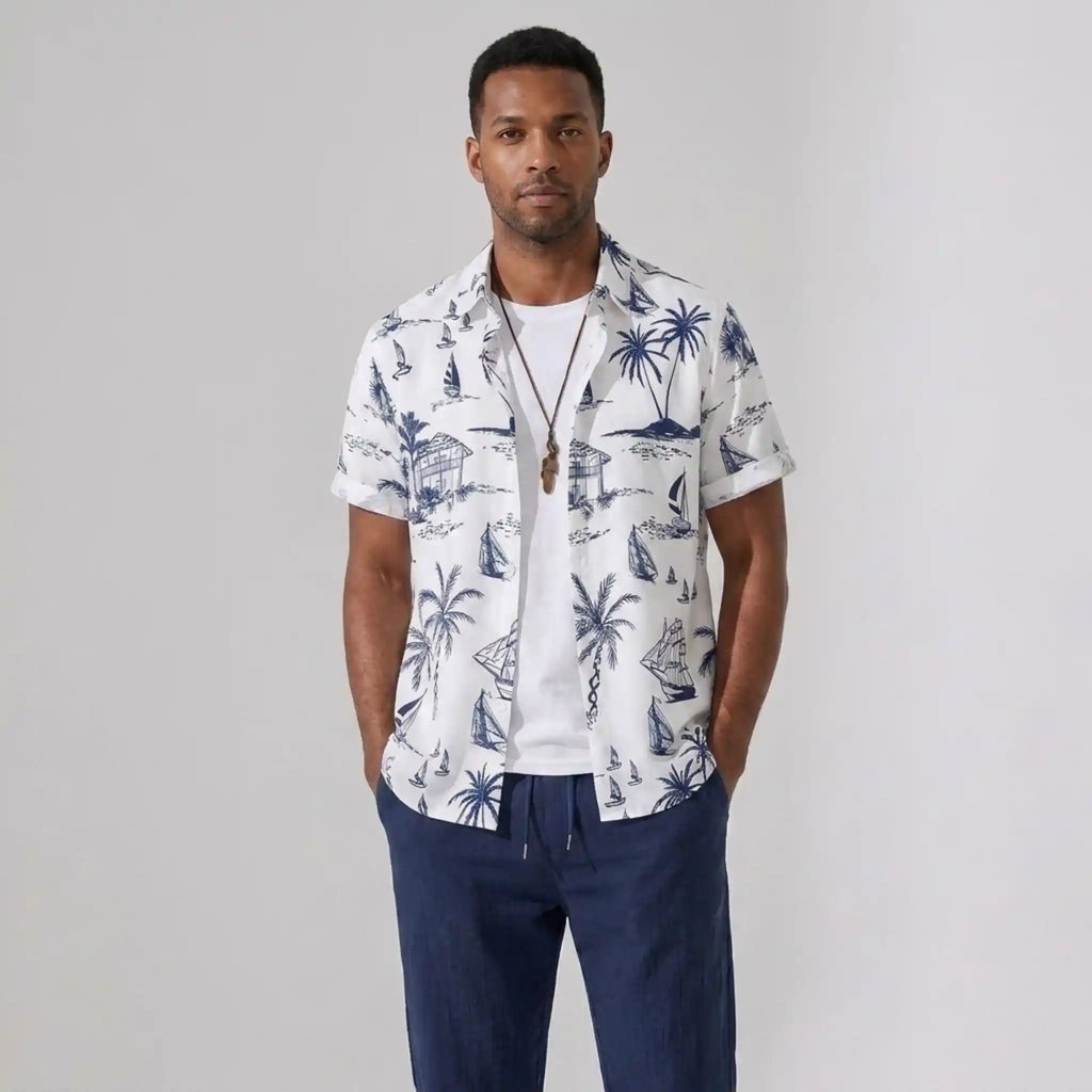 Button Up Shirt and Straight Leg Pants 2-Piece Set Island Print – Maxo