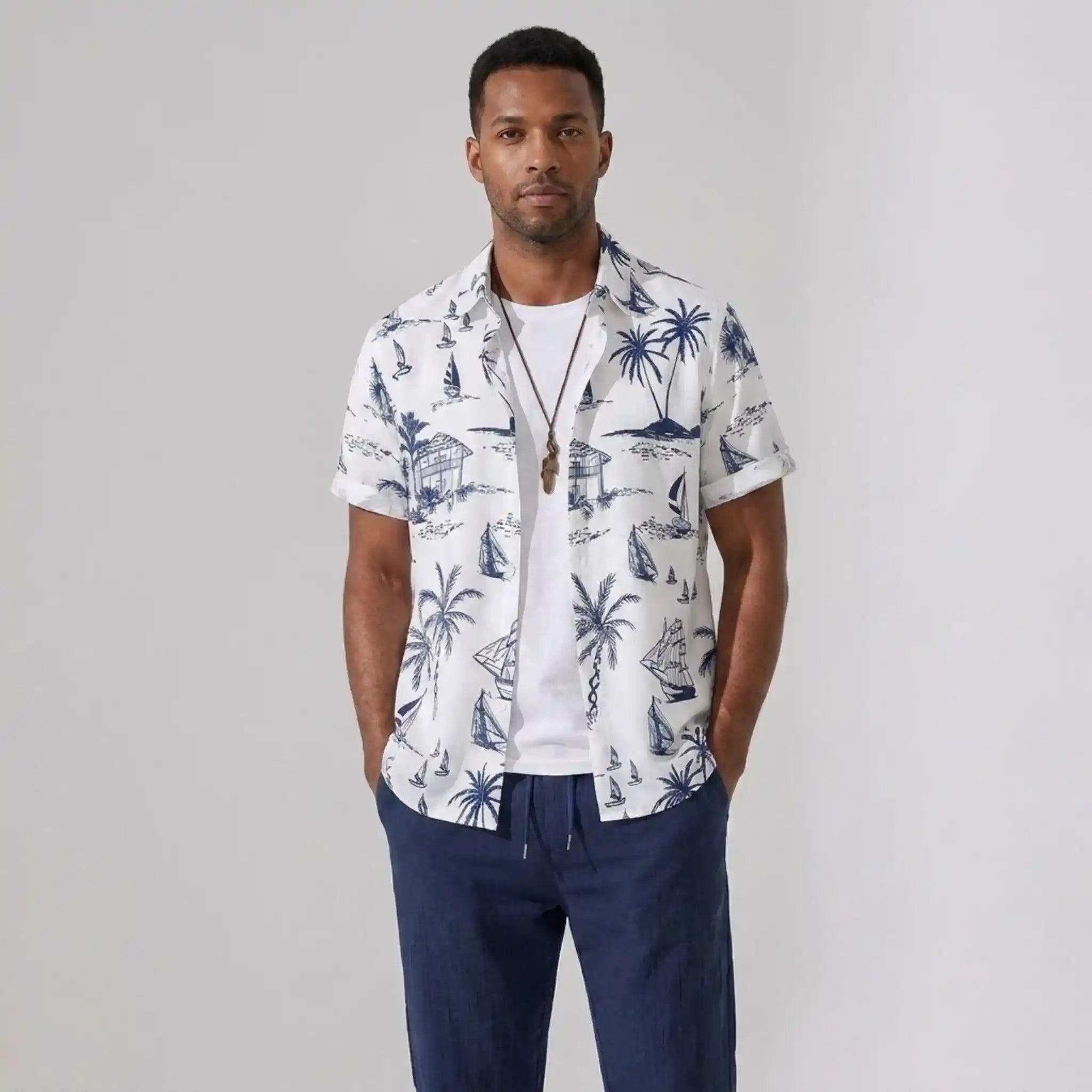 Button Up Shirt and Straight Leg Pants 2-Piece Set Island Print – Maxo