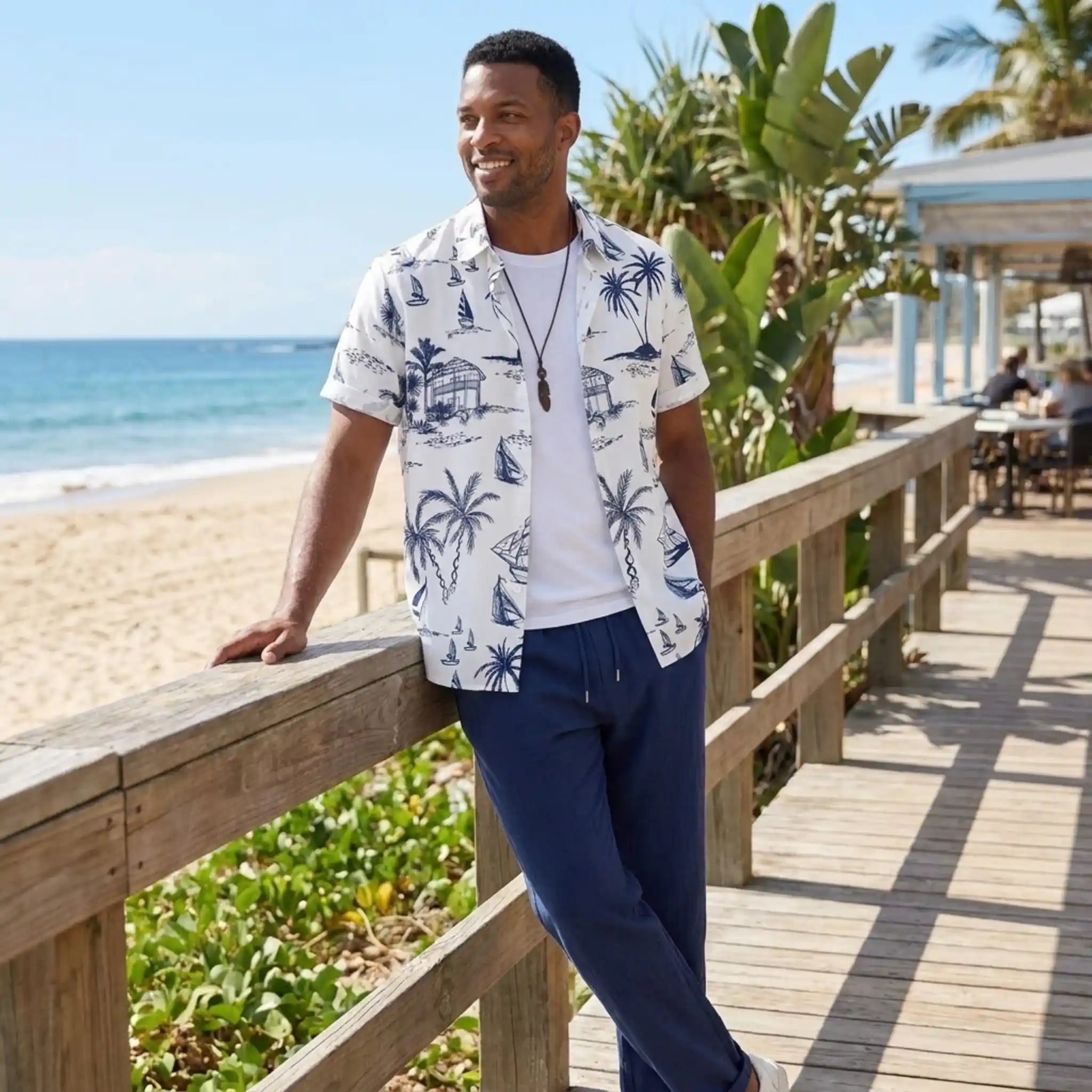 Button Up Shirt and Straight Leg Pants 2-Piece Set Island Print – Maxo