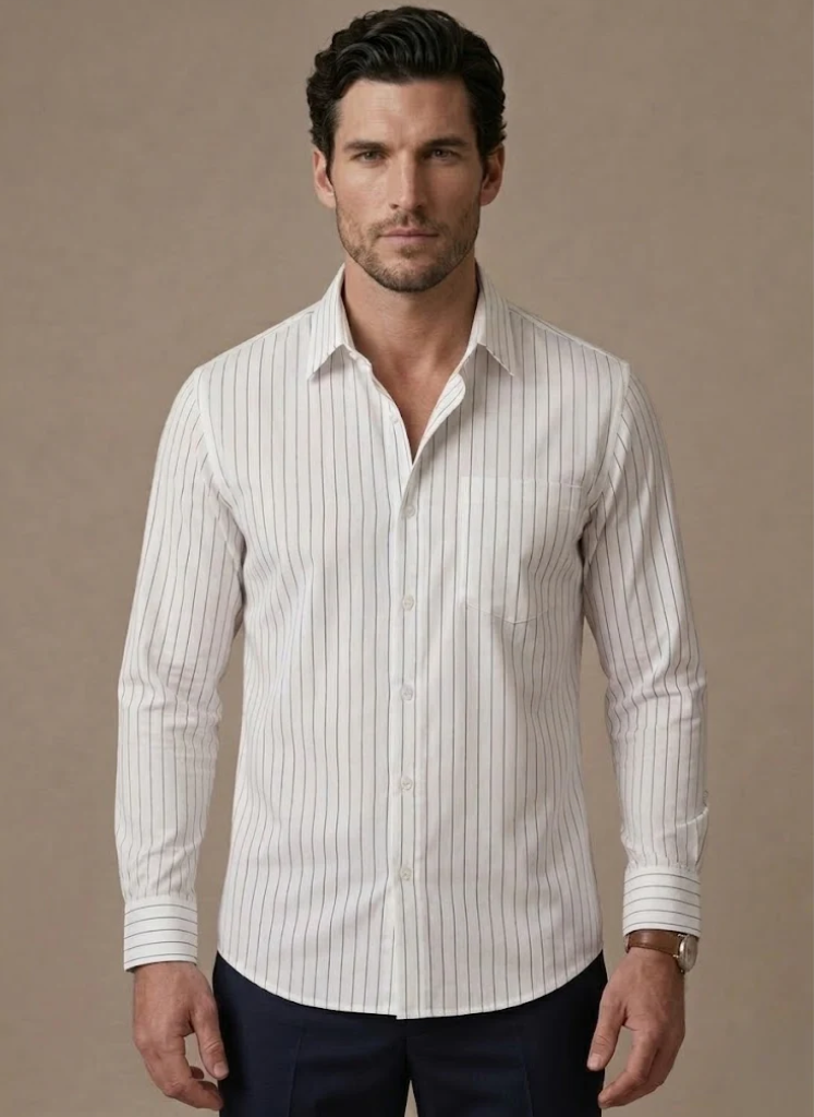 Model wearing striped cotton button-up shirt in white – TARLANO