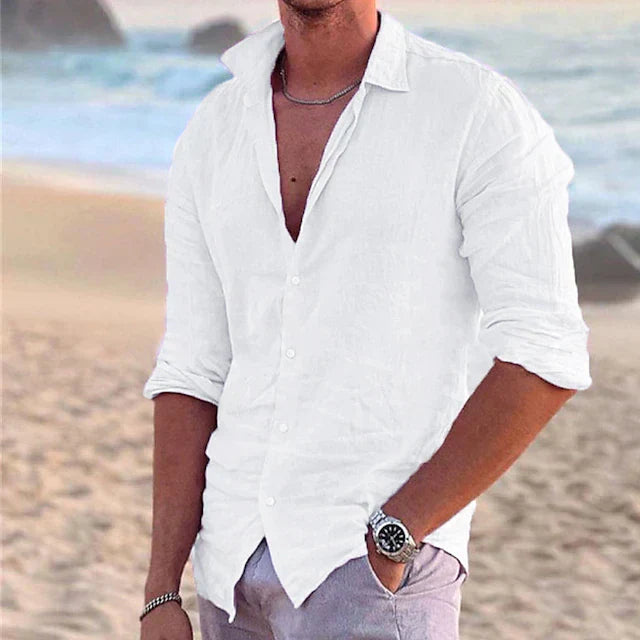 Classic Linen Button-Up Short Sleeve Shirt in White – Cove