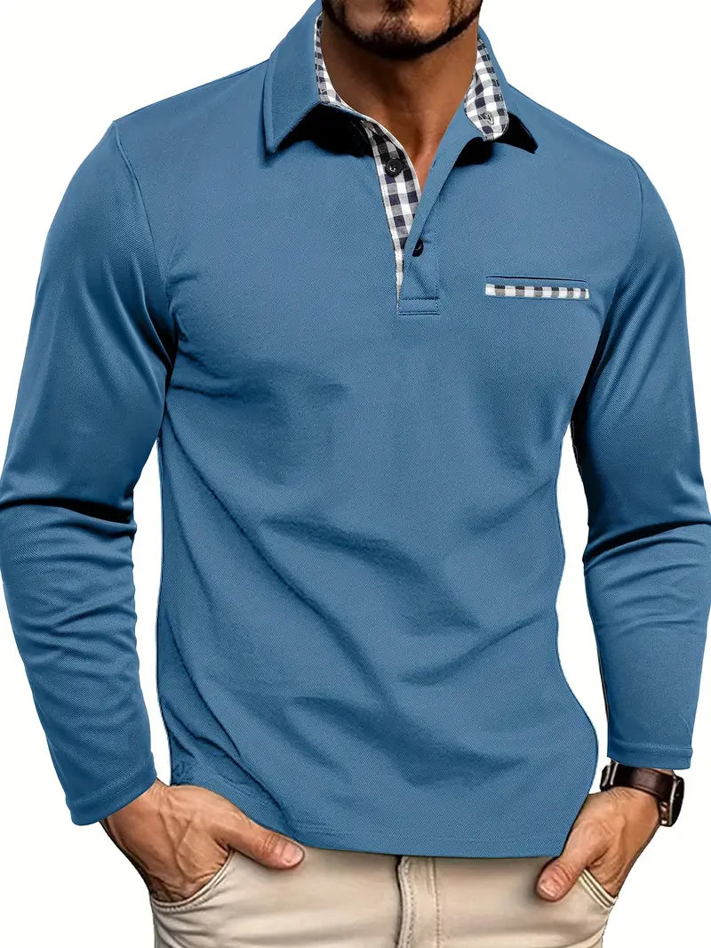 Long Sleeve Polo Shirt with Contrast Collar in Blue – Cole