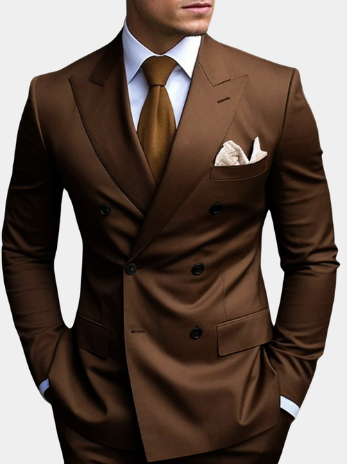 Double-breasted six-button suit jacket and trousers in brown – TARLANO