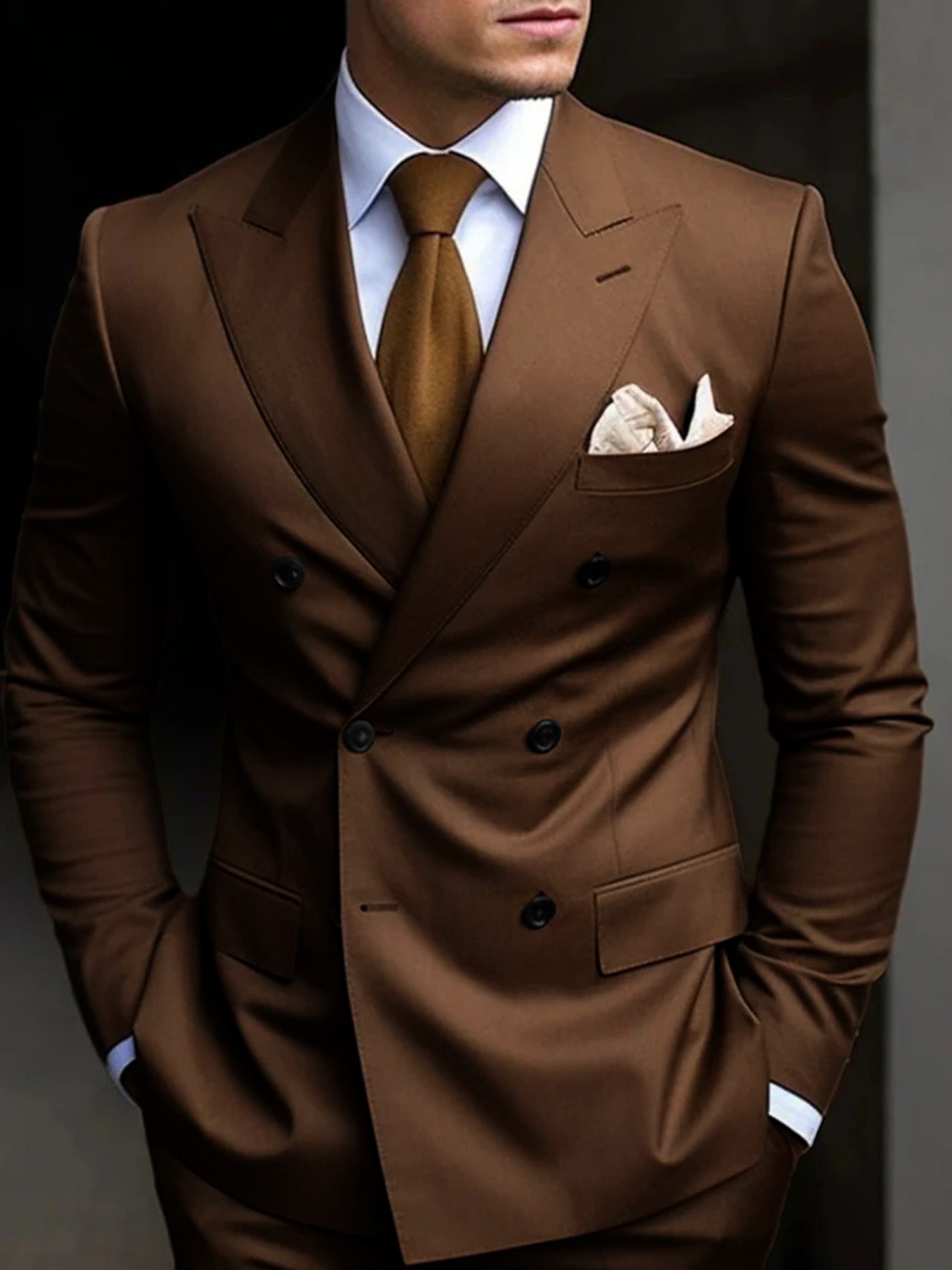 Model wearing brown double-breasted suit with notch collar – TARLANO