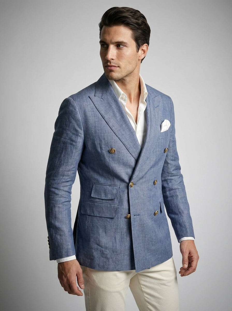 Close-up of peak lapel and gold buttons on linen double breasted blazer in Navy – TARLANO