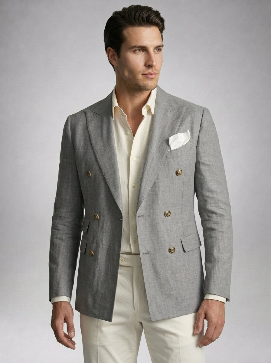 Double Breasted Suit Men Linen Blazer Peak Lapel – Galner