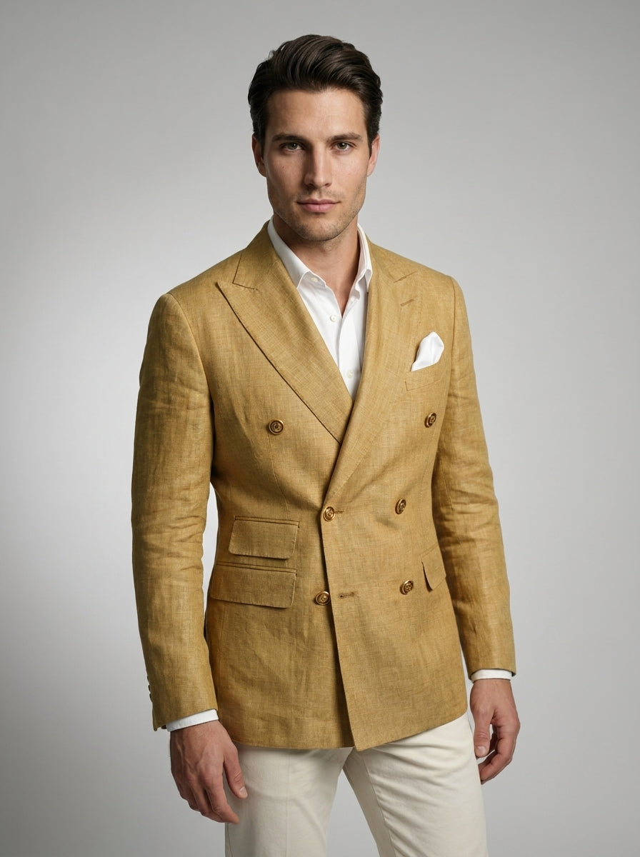 Double Breasted Suit Men Linen Blazer Peak Lapel – Galner