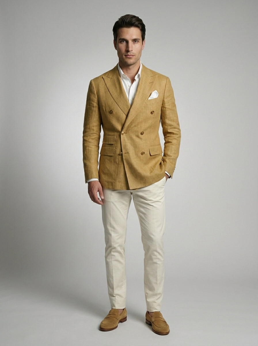 Double Breasted Suit Men Linen Blazer Peak Lapel – Galner