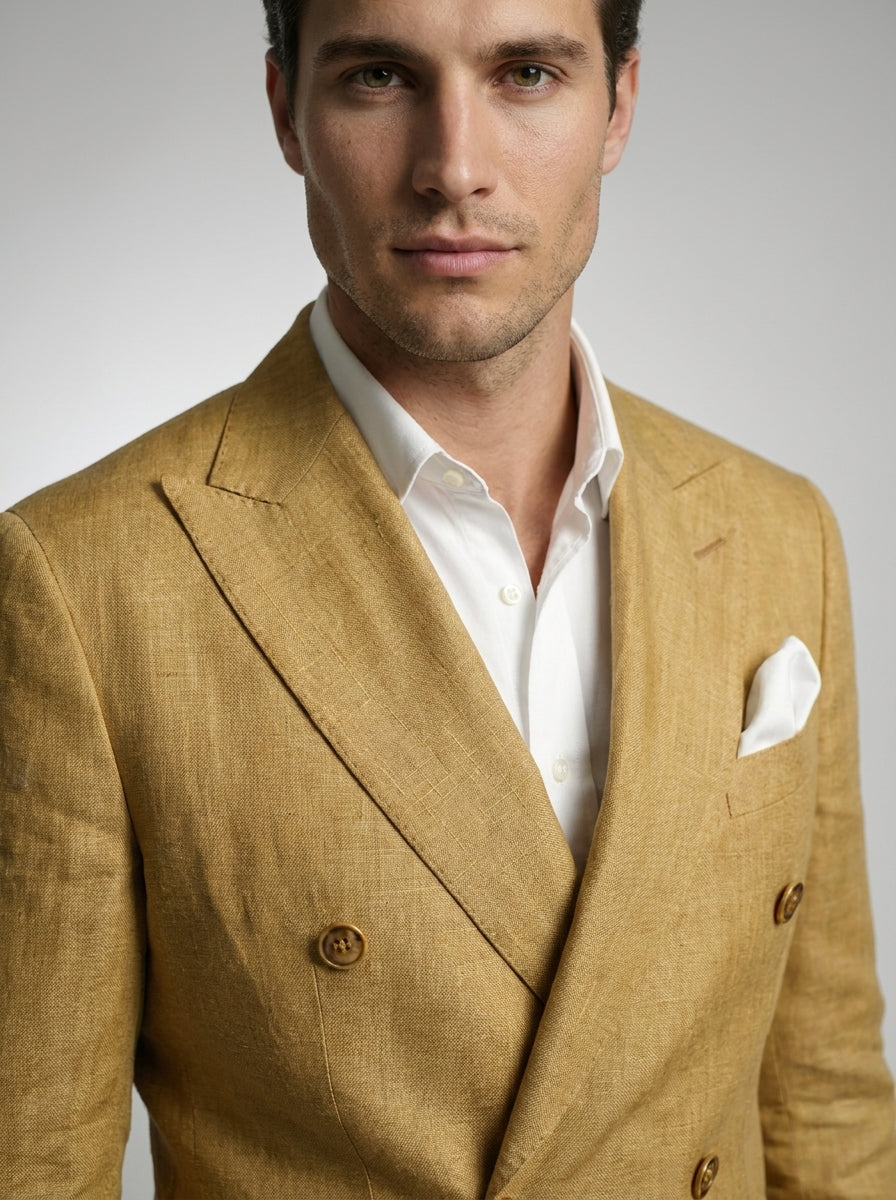 Double Breasted Suit Men Linen Blazer Peak Lapel – Galner
