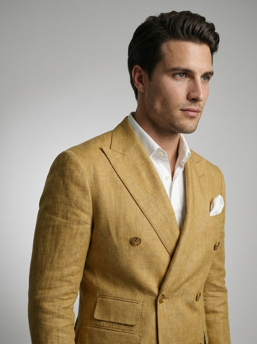 Double Breasted Suit Men Linen Blazer Peak Lapel – Galner