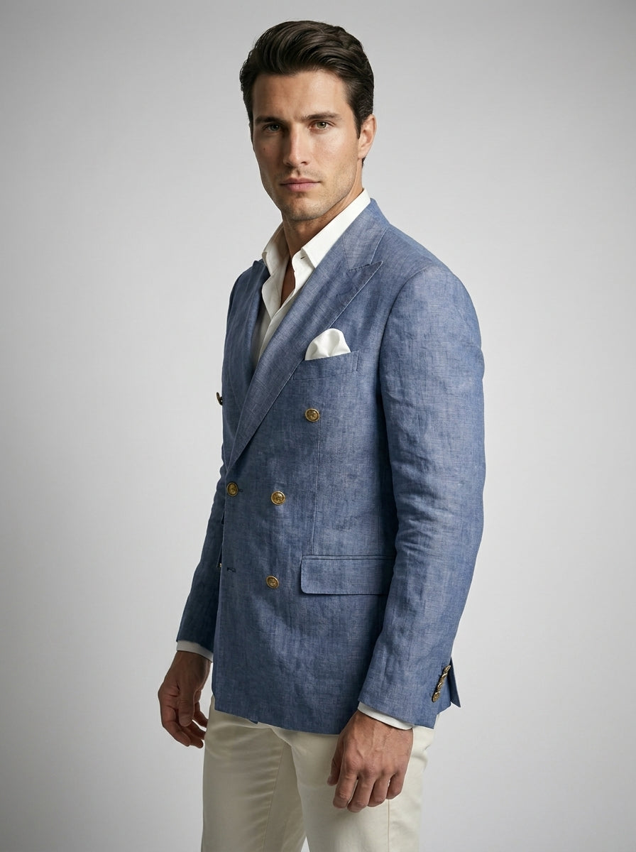 Double Breasted Suit Men Linen Blazer Peak Lapel – Galner