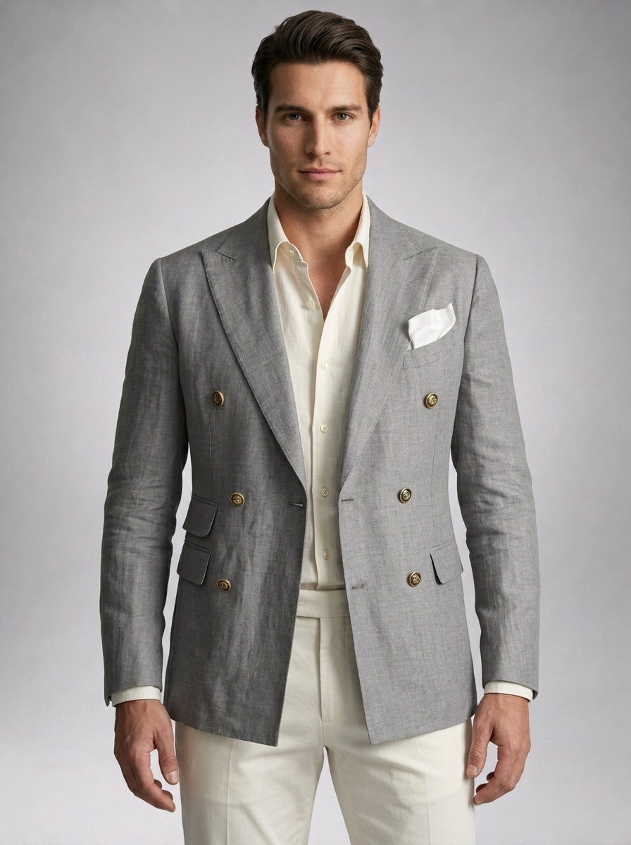 Double Breasted Suit Men Linen Blazer Peak Lapel – Galner