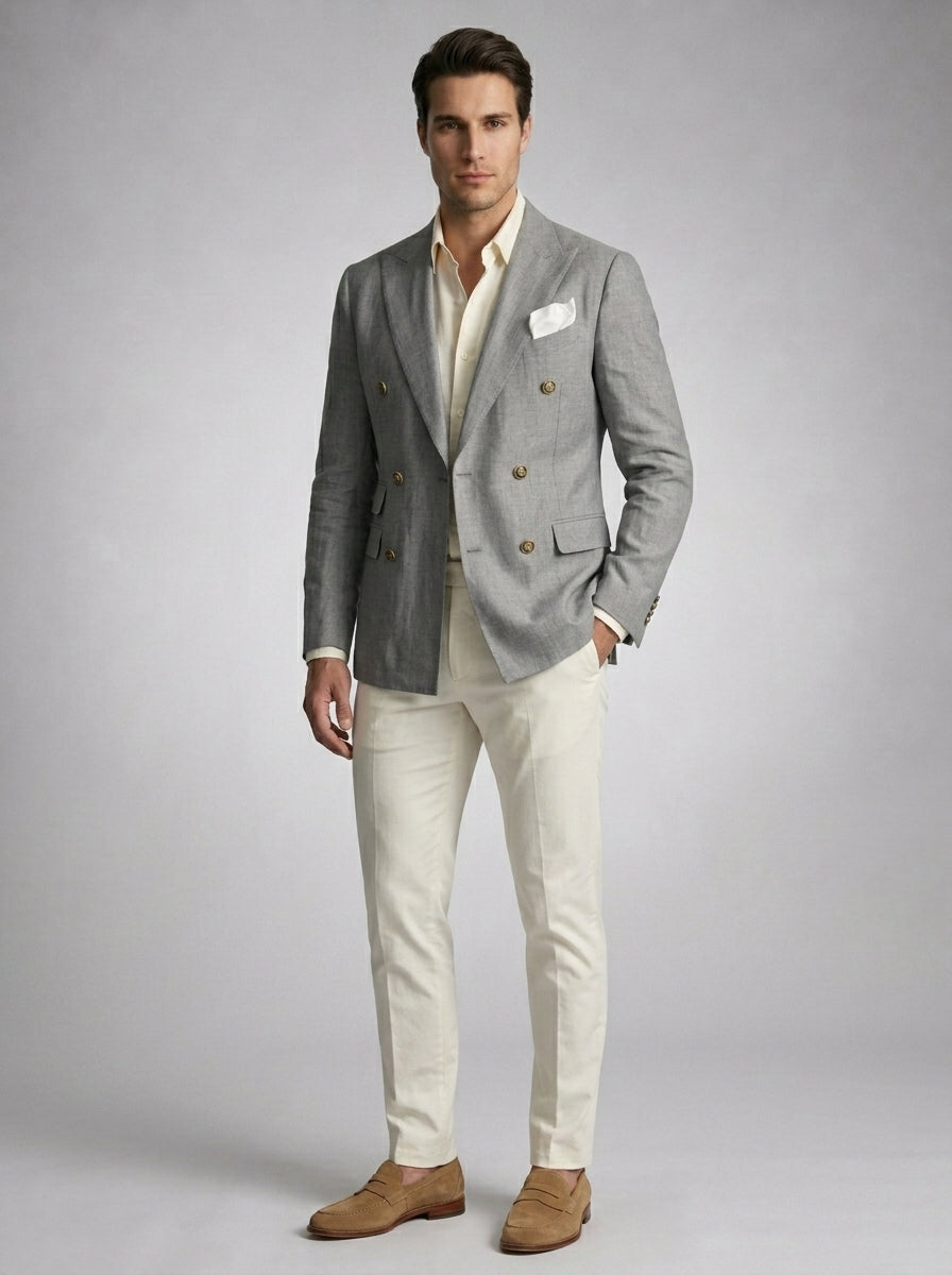Double Breasted Suit Men Linen Blazer Peak Lapel – Galner