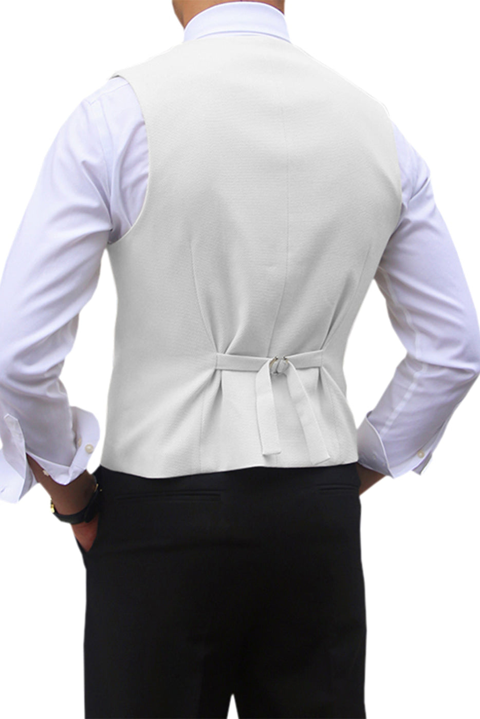 Model wearing double breasted suit vest in black – TARLANO