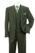 Windowpane plaid double breasted suit in olive with peak lapel and vest – TARLANO