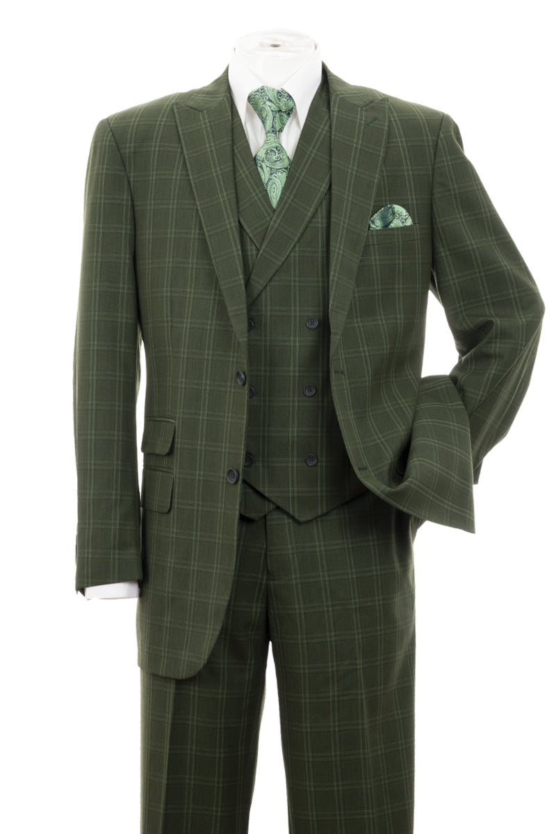 Windowpane plaid double breasted suit in olive with peak lapel and vest – TARLANO