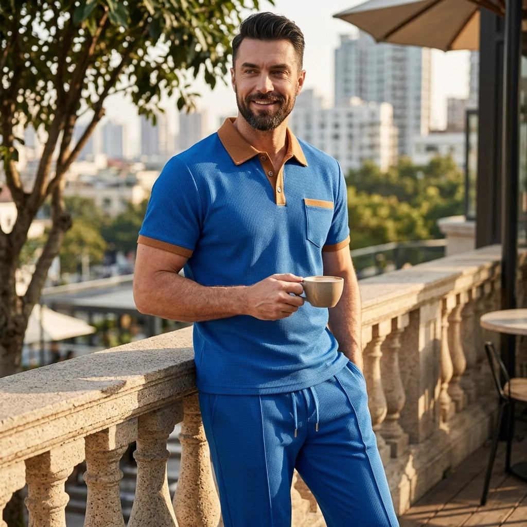Mens Pant & Polo Waffle Knit 2-Piece Set Straight Leg – Taxo