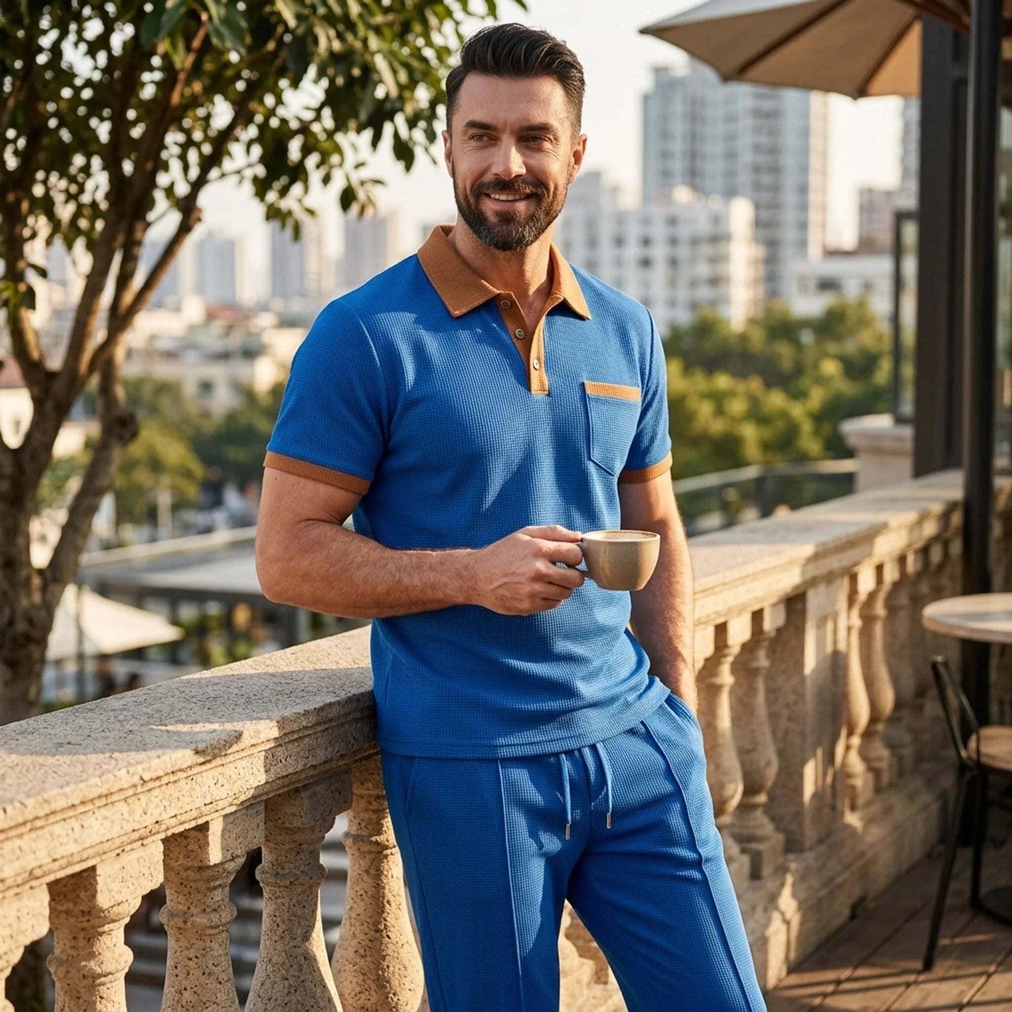 Mens Pant & Polo Waffle Knit 2-Piece Set Straight Leg – Taxo