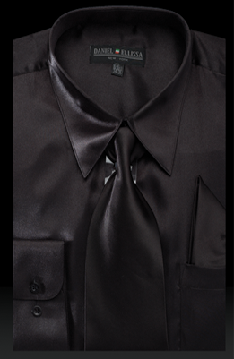 Shiny black satin dress shirt set with tie and pocket square – TARLANO