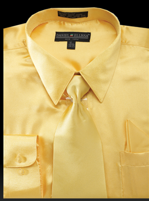 Gold satin dress shirt tie and pocket square set flat lay – TARLANO