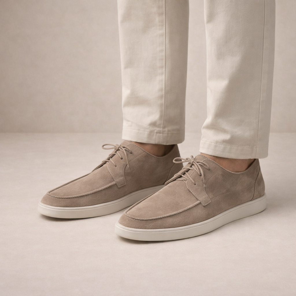 Model wearing brown suede lace-up loafer – TARLANO