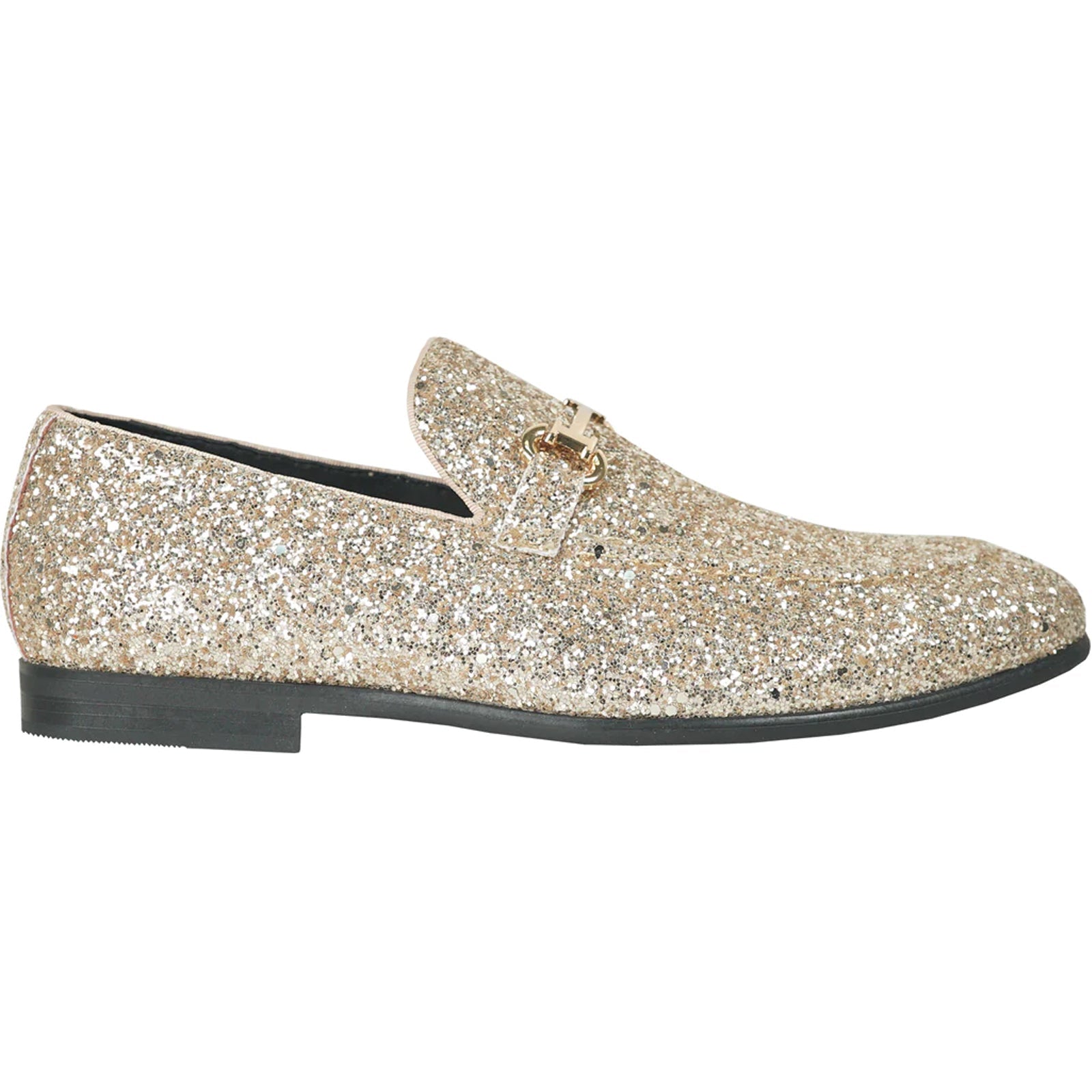 Model wearing gold sequin glitter dress loafer – TARLANO