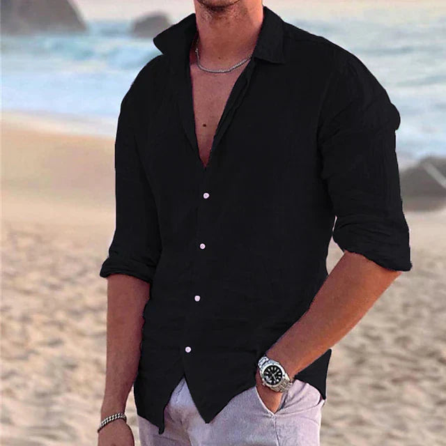 Classic Linen Button-Up Short Sleeve Shirt in White – Cove