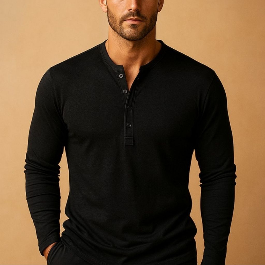 Model wearing slim fit henley shirt long sleeve – TARLANO