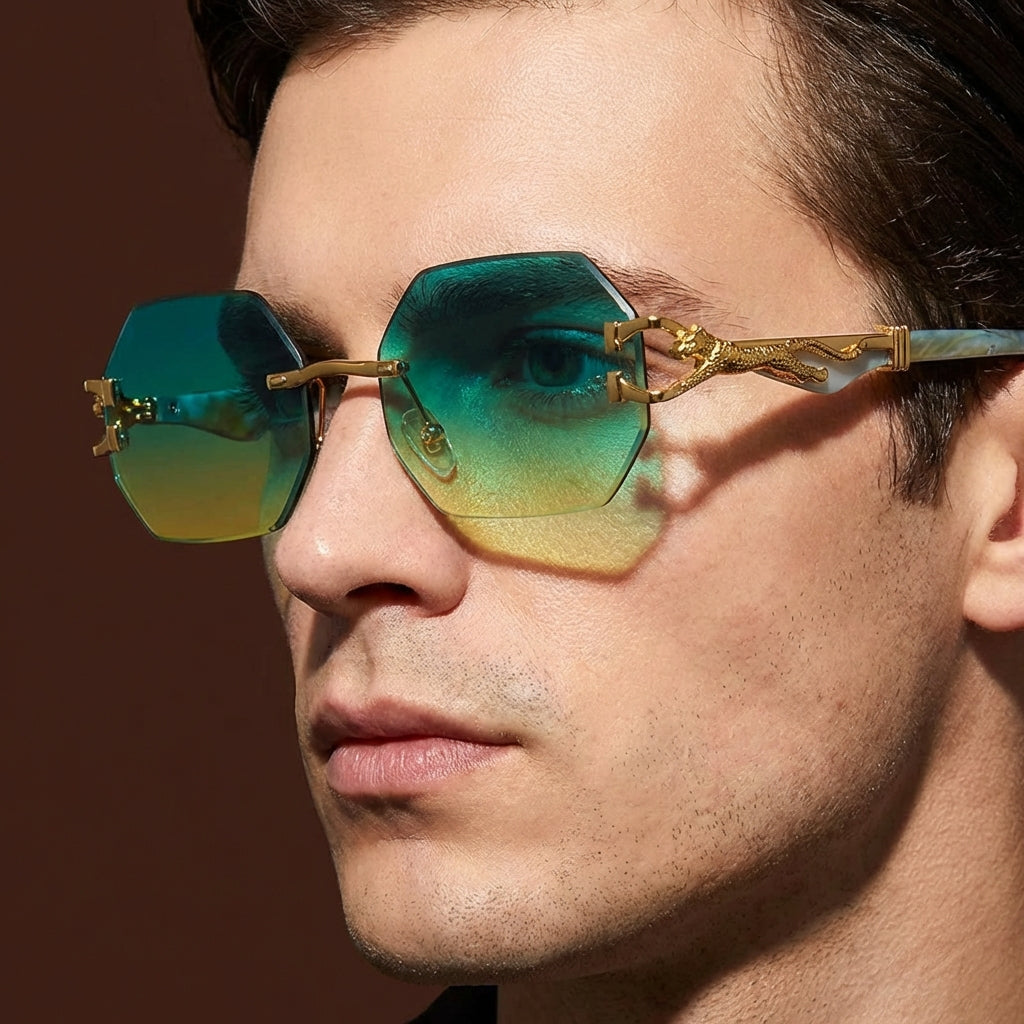 Rimless Polygon Sunglasses Alloy Frame Leopard Temple Detail – Voss