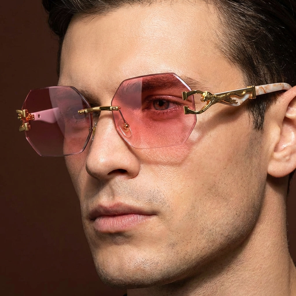 Rimless Polygon Sunglasses Alloy Frame Leopard Temple Detail – Voss