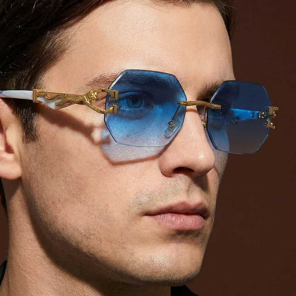 Rimless Polygon Sunglasses Alloy Frame Leopard Temple Detail – Voss