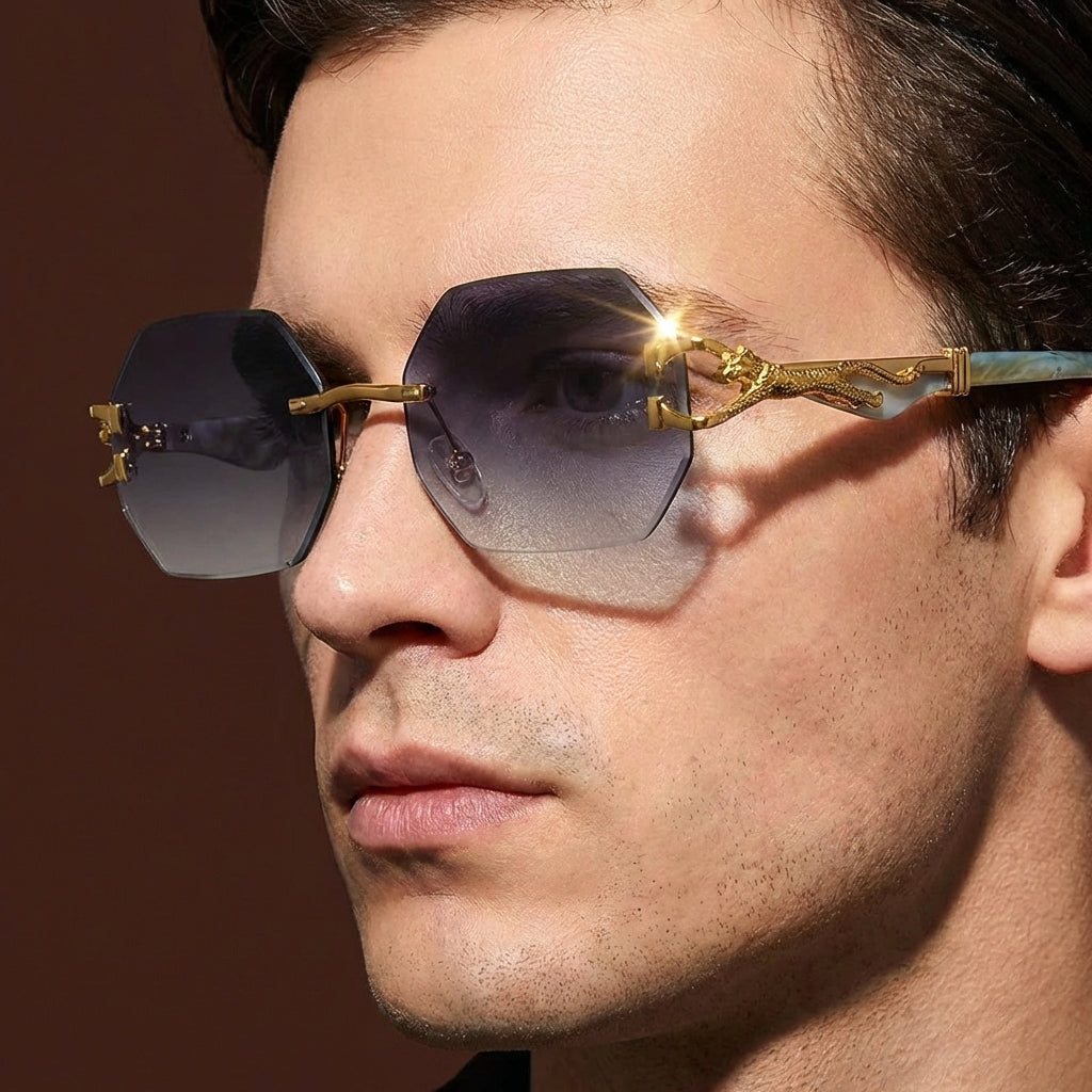 Rimless Polygon Sunglasses Alloy Frame Leopard Temple Detail – Voss