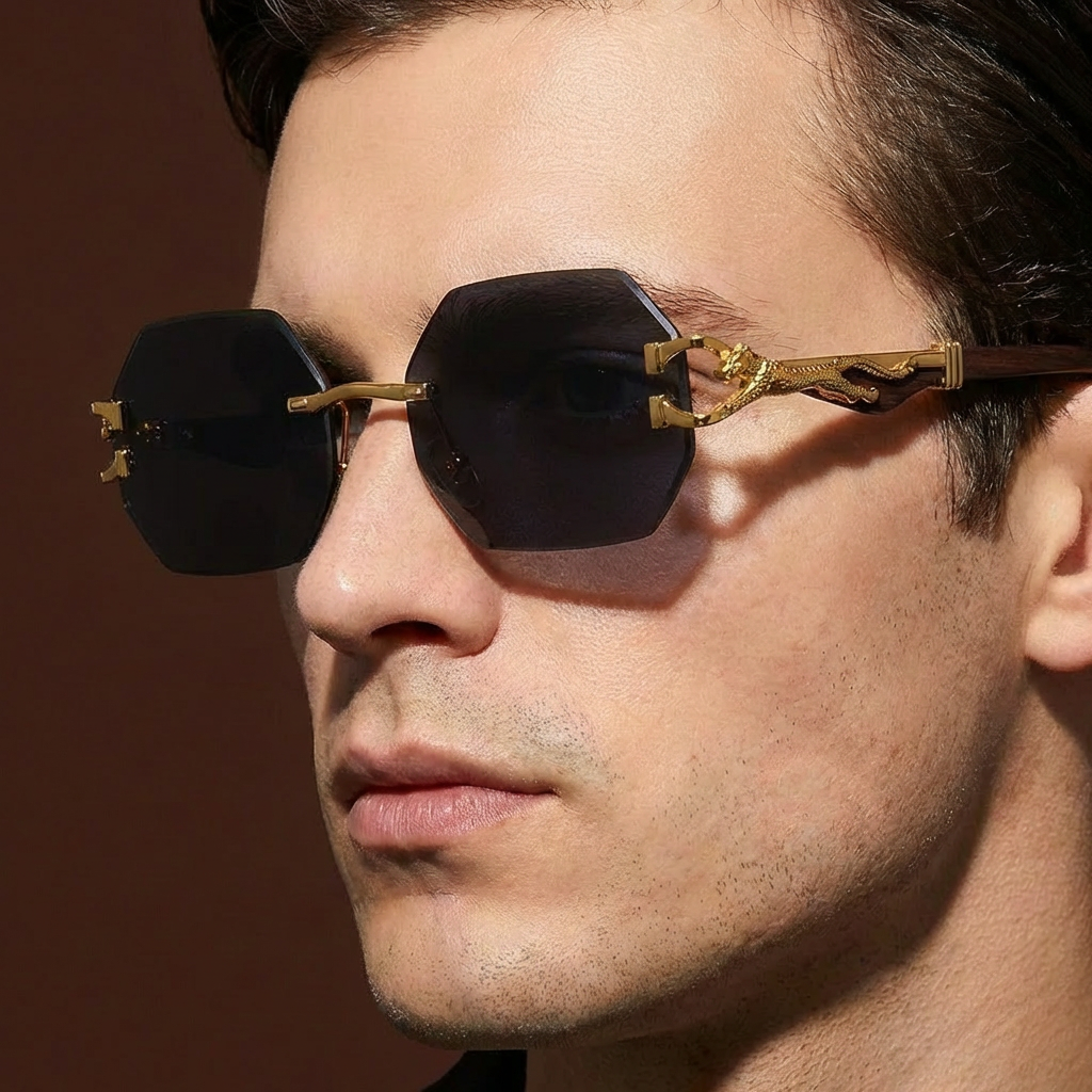 Rimless Polygon Sunglasses Alloy Frame Leopard Temple Detail – Voss