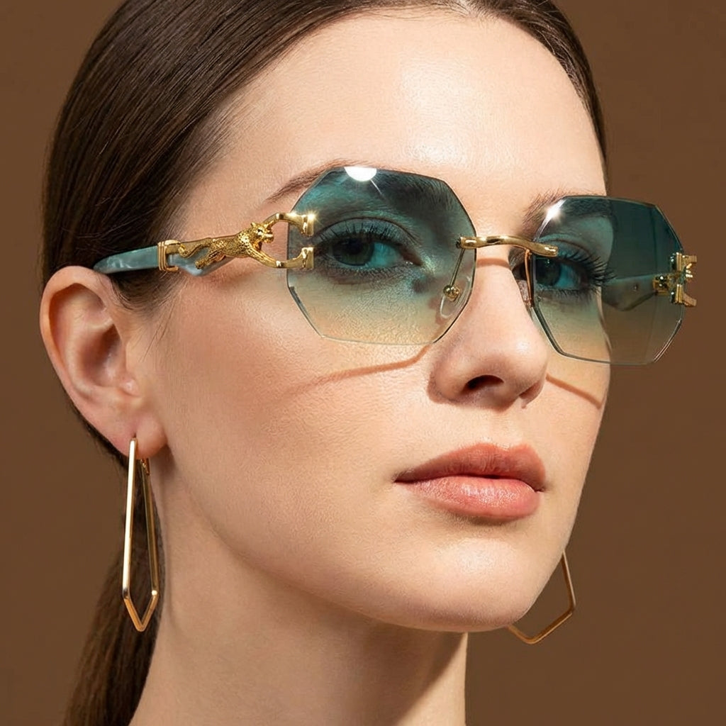 Rimless Polygon Sunglasses Alloy Frame Leopard Temple Detail – Voss