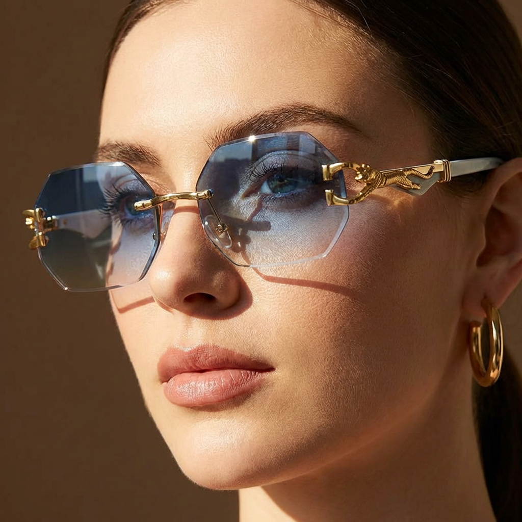 Rimless Polygon Sunglasses Alloy Frame Leopard Temple Detail – Voss