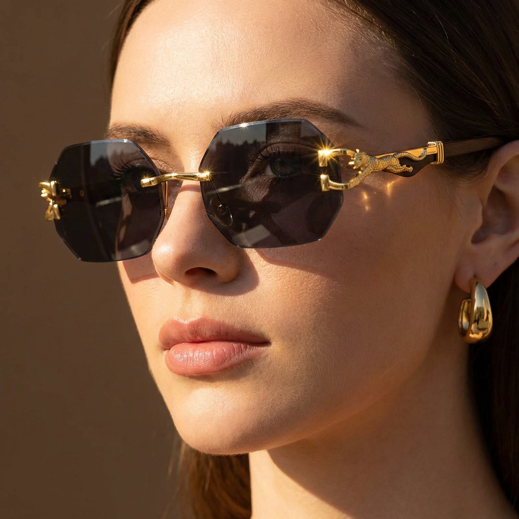Rimless Polygon Sunglasses Alloy Frame Leopard Temple Detail – Voss