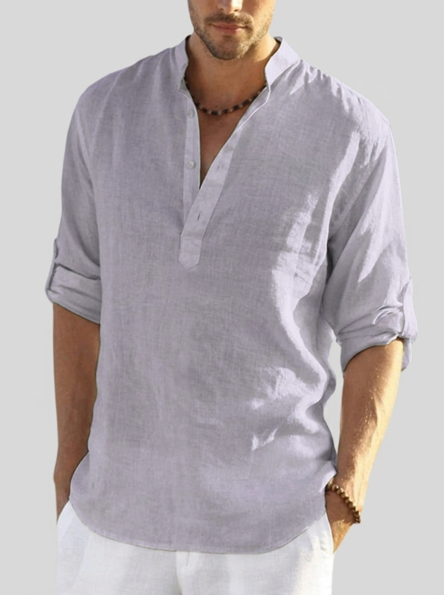 Band Collar Long Sleeve Shirt Relaxed Fit in White – Reef
