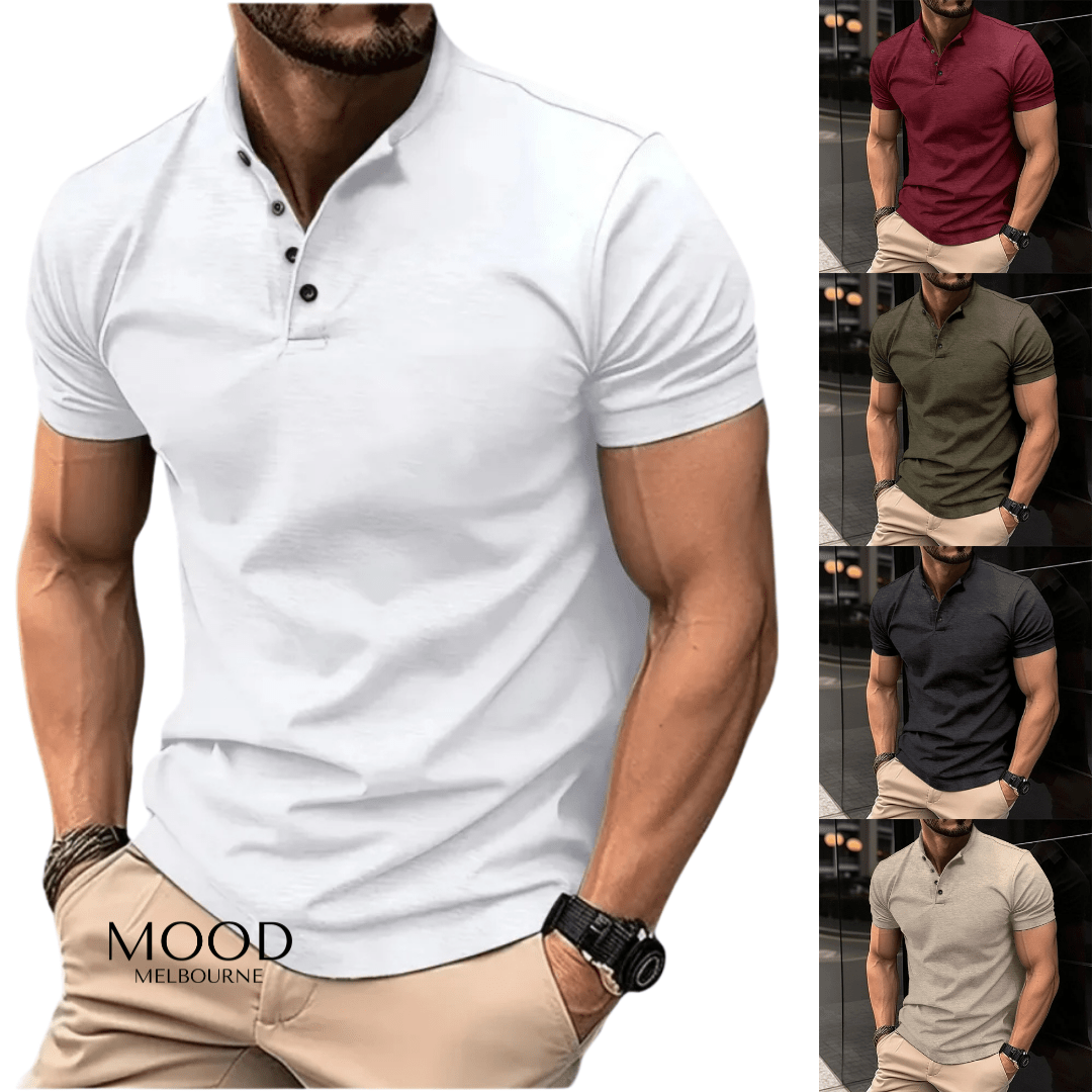 Henley Shirt Textured Knit Band Collar Short Sleeve – Pell