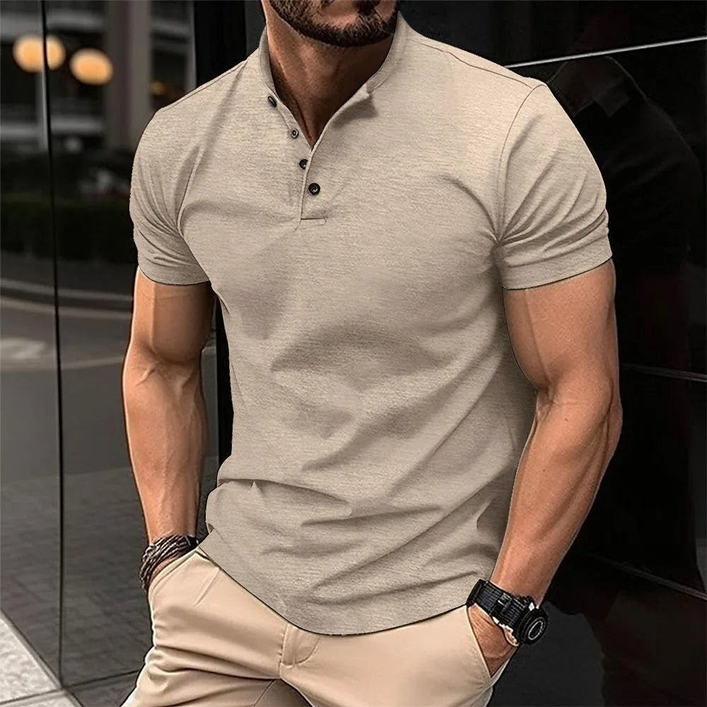 Henley Shirt Textured Knit Band Collar Short Sleeve – Pell