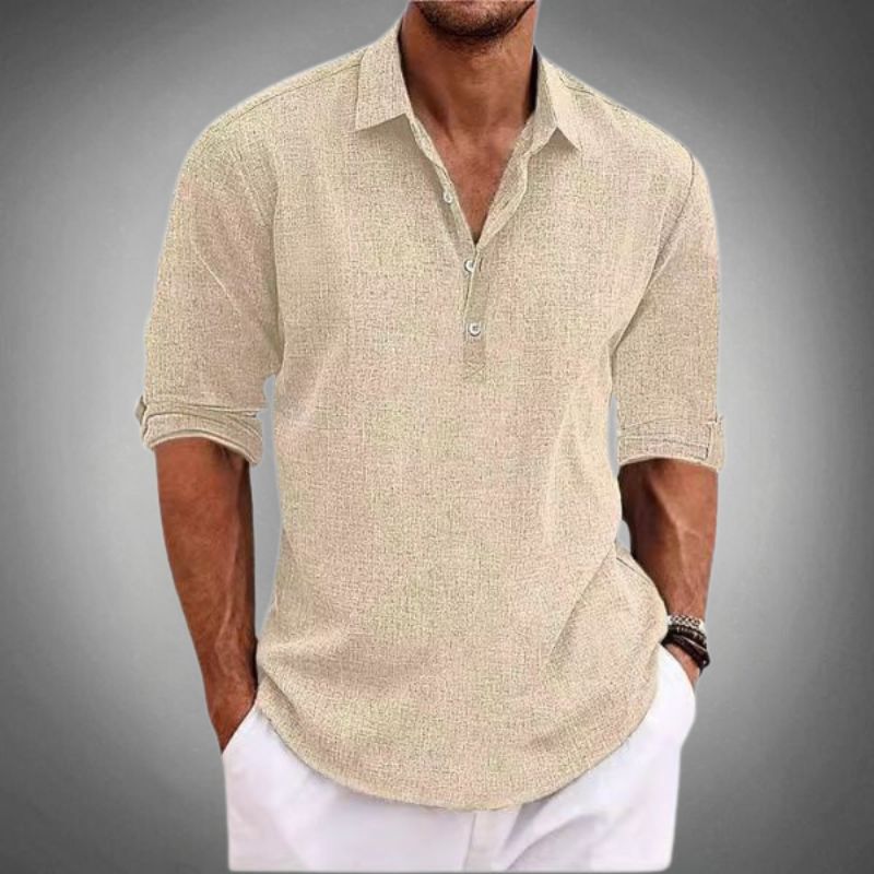 Long Sleeve Polo Shirt Textured Pullover with Roll-Tab Sleeves in Beige – Ryse