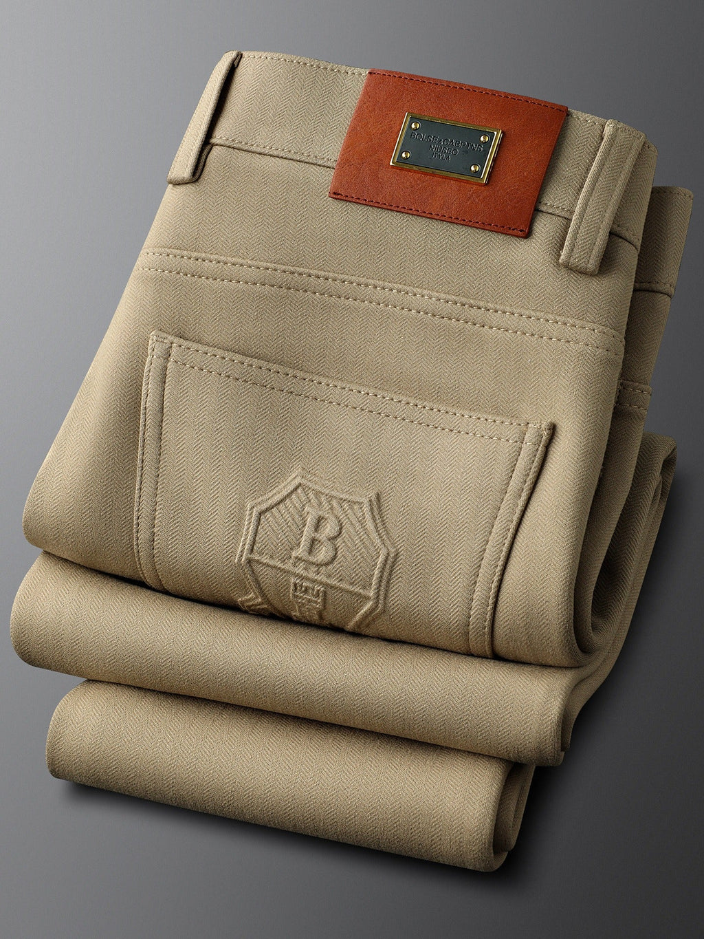 Herringbone Tailored Trousers Tonal Crest Embroidery Leather Patch – Birch