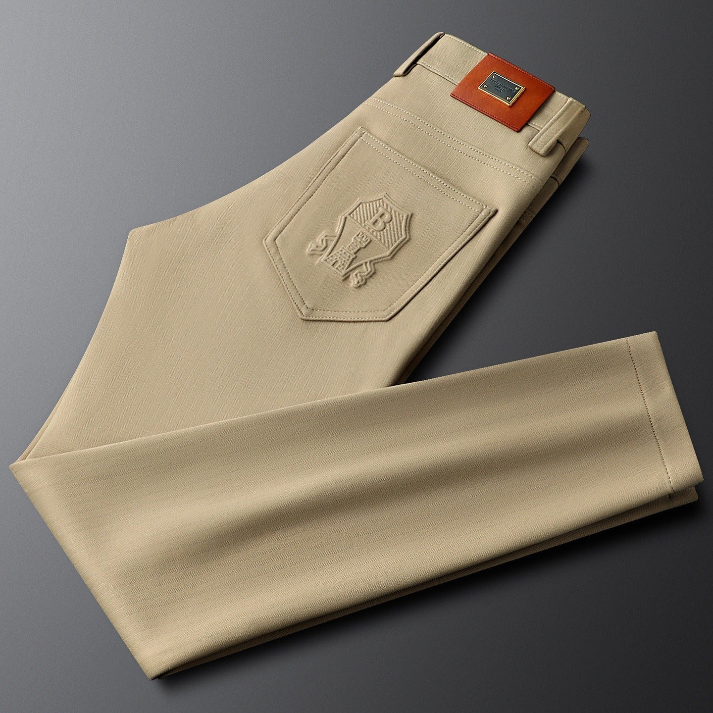 Herringbone Tailored Trousers Tonal Crest Embroidery Leather Patch – Birch
