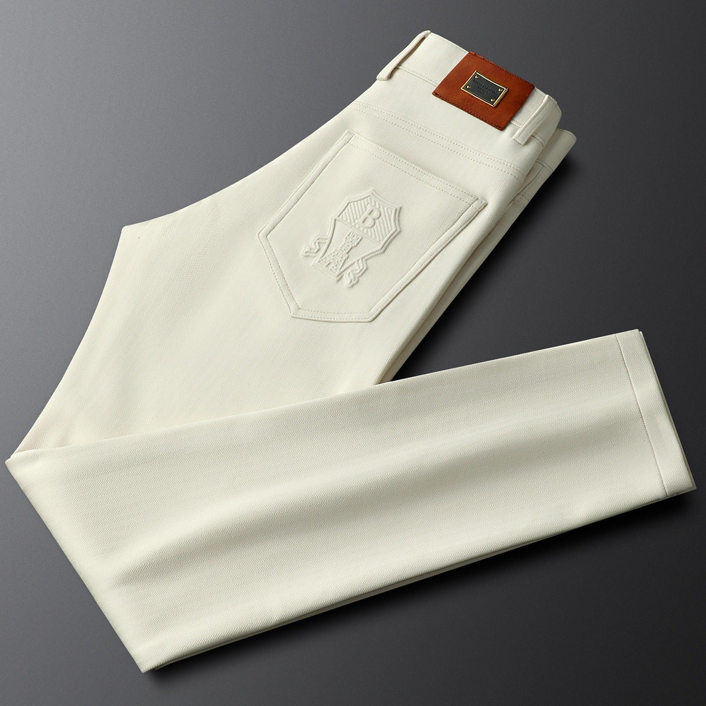 Herringbone Tailored Trousers Tonal Crest Embroidery Leather Patch – Birch