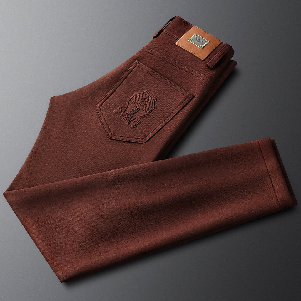 Herringbone Tailored Trousers Tonal Crest Embroidery Leather Patch – Birch