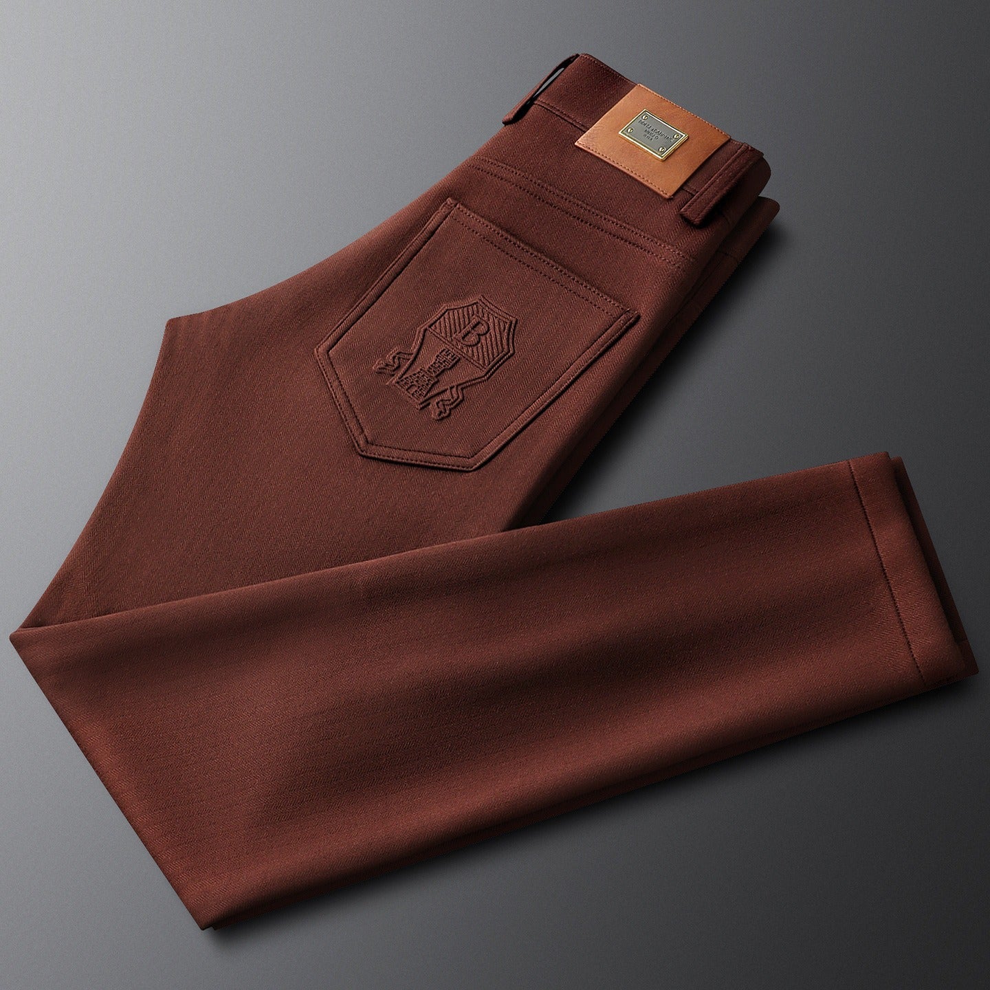 Herringbone Tailored Trousers Tonal Crest Embroidery Leather Patch – Birch