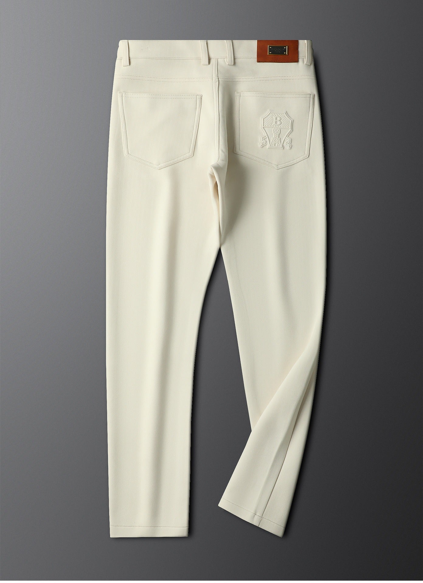 Herringbone Tailored Trousers Tonal Crest Embroidery Leather Patch – Birch