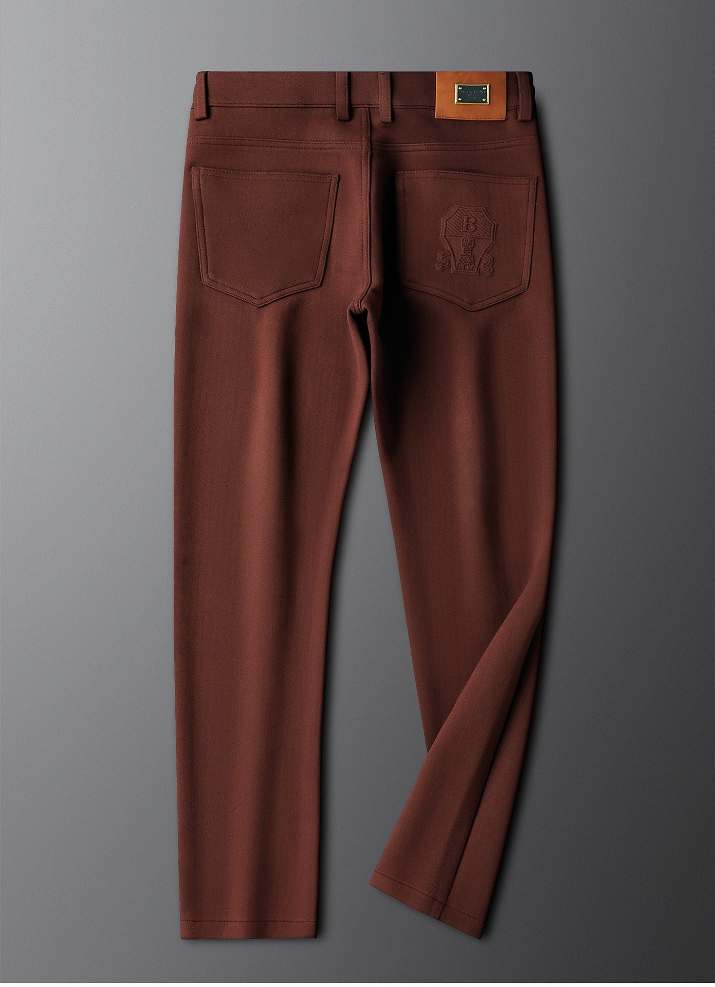 Herringbone Tailored Trousers Tonal Crest Embroidery Leather Patch – Birch