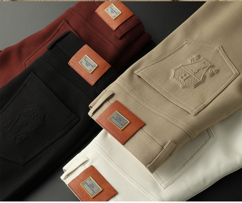 Herringbone Tailored Trousers Tonal Crest Embroidery Leather Patch – Birch